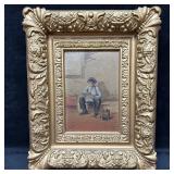 Antique Oil Painting on Academy Board Boy Reading