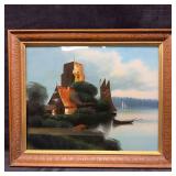 Mid Century Modern Water Landscape Oil Painting on