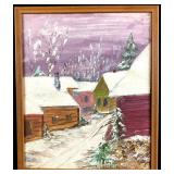 "Snowy Village" Vintage Wood Print Painting