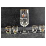 Vintage Gold-Rim Stemmed Beer Glass & 4 Shot Glass