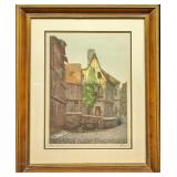 Vintage Colored Signed Old Town Etching