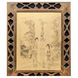 1930s Framed Asian Ladies & Vases Print