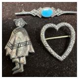 Sterling Silver Vintage Brooch 925 Set Heart Faux