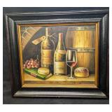 Framed Original Oil On Canvas Wine And Cheese Scen
