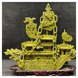 Faux Jade Fine Carved Resin Green Dragon Boat Ship