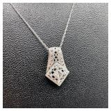 10k White Gold Deco Style Flourish Pendant Necklac