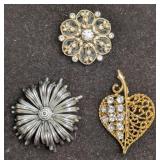 3 Vintage Floral And Apple Heart Pin Brooches