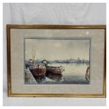 Watercolor Harbor Scene with Docked Boats Signed F