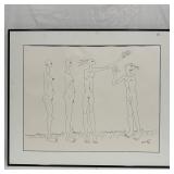 Framed Minimalist Surreal Nude Line Figures Drawin