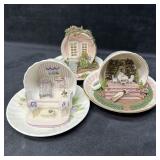 Set of Three Miniature Teacup Diorama with Mini Sc