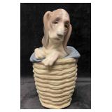 Vintage Retired Lladro Porcelain Dog In Basket
