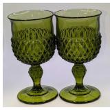 2 Vintage Indiana Green Glass Diamond Point 6" Gob