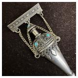 Silver Turquoise Perfume Poison Urn Vessel Brooch