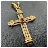 14k Gold Two-Tone Cross Pendant W/ Ruby Cabochon