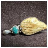 Eagle Carved Deer Antler and Turquoise Sterling Pe