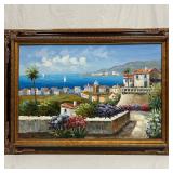 Large Mediterranean Coastal Village Oil Painting O