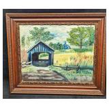 Vintage Framed Oil Flat Canvas Covered Bridge
