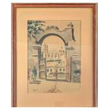 Vintage Framed Watercolor Walking To Temple