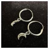 Crescent Moon Dangle Hoop Sterling Silver Earrings