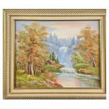 JB Framed Original Oil On Canvas Cabin By Waterfal