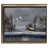 Framed Original Winter Cabin Scene Signed By D Tel