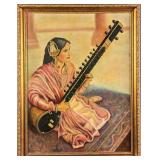 Vintage Framed Embellished Print Woman Playing Sit