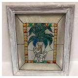 Vintage Art Nouveau Stained Glass in Frame