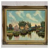 Original Oil Painting Cottage by the Lake with Boa