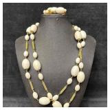 Large White Bead Necklace and Earrings Set with Go