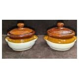 2 Vintage Stoneware Tan And Brown Bean Pots A