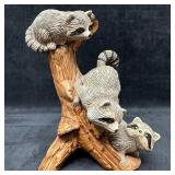 Ceramic Raccoon Family Figurine in Hollow Tree For