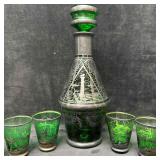 Green Glass Decanter with Six Matching Shot Glasse