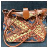 Handwoven Kilim Wool and Brown Leather Tote Bag An