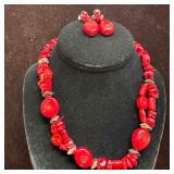 Bold Natural Red Coral Necklace and Earrings Set w