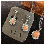 Coral Cubic Zirconia Sterling Silver Jewelry Set E