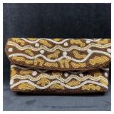 Vintage Hand Beaded Clutch Purse Brown Gold and Wh