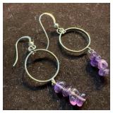 Amethyst Stone Bead Circle Dangle Silver Earrings