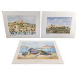 3 Lithograph Prints Mgarr Harbour & Malta