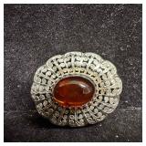 Ornate Filigree Metalwork Amber Cabochon Sterling