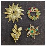 4 Vintage Gold Tone Floral Pin Brooches