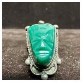 Sterling Silver Carved Green Onyx Stone Face Ring