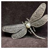 Sterling Silver Pearl Cabochon Dragonfly Leaf and