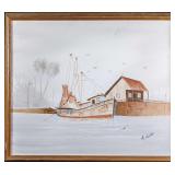 Acrylic on Canvas Boat Docked at Shore Signed