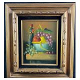 Oil Still Life Painting Fruit and Wine Signed Pain