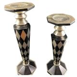 Pair Of Modern Black & Silver Wood Candlestick Hol