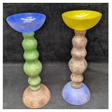 Two Colorful Frosted 14" Glass Candlestick Holders
