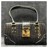 Black Faux Crocodile Embossed Satchel Handbag Gold