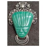 Vintage Sterling Silver With Green Onyx Mask Pin B