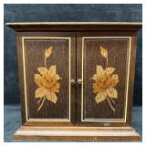 Wooden Jewelry Box with Floral Inlay Design and Re