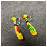 Hand Painted Ceramic Dangle Drop Earrings Red Yell